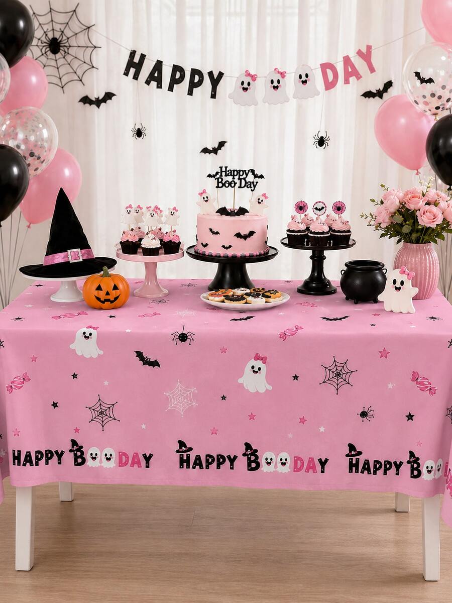 1件裝粉色萬聖節桌旗,可愛幽靈蝙蝠蜘蛛網糖果 Happy Boo Day 印花,恐怖秋季餐桌裝飾,適用廚房居家萬聖節派對佈置 - 彩色 - 查看 1