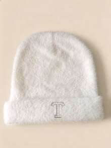 1pc Women Custom A‑Z Rhinestone Pearl Letter Fuzzy Cuffed Beanie Warm Winter Christmas Gift Knit Hat - White - View 22