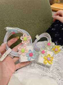 1 Set, 3D Candy Color Floral Data Cable Protector Compatible With Apple 18W/20W, Dopamine Style Data Cable Protector, Gift For Friends, Ideal Small Gift, Christmas Gift - Multicolor - View 2