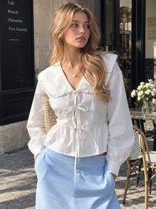 Women's New Autumn Peter Pan Collar Tie Blouse, Adjustable Tie Detail Long Sleeve Cardigan, Machine Washable Solid Color Layering Top, Daily Fashion Decorative Knot Design - White - View 3