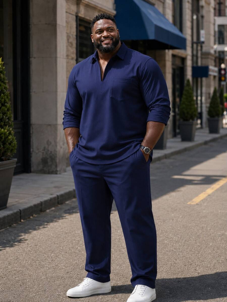 Setelan Pria Ukuran Besar, Atasan Lengan Panjang dan Celana Warna Polos Musim Gugur, Pakaian Kasual Pria Ukuran Besar - Navy Blue - View 1