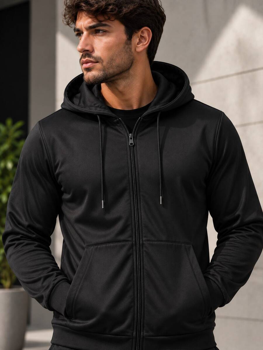 Blusão Masculino Dry Performance Tecido Esportivo Chimpa Com Capuz Zíper e Bolsos - Preto - Visão 1