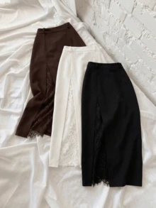 Women's Lace Patchwork Elegant Slit Design Skirt, Suitable For Office Casual Commute, All-Season Wear (Belt Only For Display) - Black - View 7