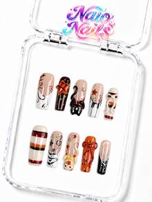 NAIO 10件/組 Y2K 手作穿戴式美甲貼，裸棕色條紋法式指尖，手繪音符星星 3D 貓咪蝴蝶結塗鴉波點美甲，可愛復古卡通咖啡風，適合派對與日常配戴，3 種尺寸可選：棺材形/杏仁形/短方型，秋季假指甲 - 彩色 - 查看 16