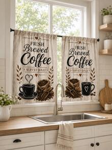 1組 Fresh Brewed Coffee 文字廚房窗簾，美式鄉村復古木紋聚酯纖維桿套短窗簾，咖啡杯、咖啡壺與咖啡豆印花小窗簾，適用於咖啡店、餐廳、櫥櫃及居家日常裝飾 - 彩色 - 查看 10