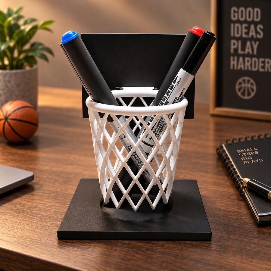 1pc Basketball Hoop Shaped Pen Holder, Fun Sports Style Mini Basketball Hoop Pen Holder & Trash Can Dual Use, 3D Printed Desktop Stationery Organizer Office Desk Decor Ornament - Multi-color - View 1
