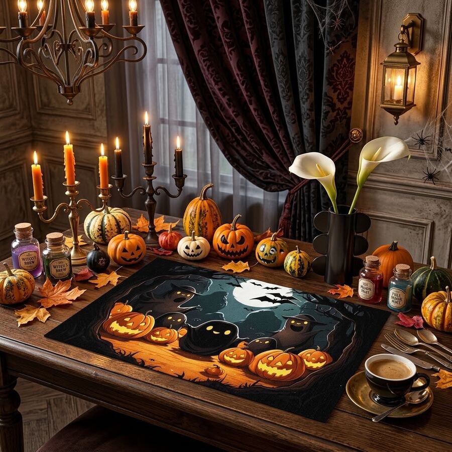 1/4/6pcs Halloween Series Ghost, Little Devil, Pumpkin, Moon Night Pattern Printed Placemats, Heat-Resistant Table Protector For Home Kitchen, Dining Table, Party Decor