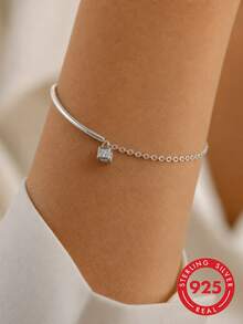 1pc S925 Sterling Silver Niche Design Geometric 3D Square Pendant Bracelet For Women, Minimalist Delicate Chain, Exquisite Wrist Accessory, Minimalist Luxury Personalized High-End Style, Suitable For Party, Travel, Commute, Timeless Elegant Fashion Accessory - Square - View 3