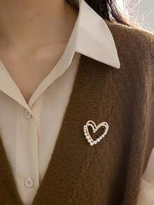1pc Women's Zinc Alloy Pearl Rhinestone Hollow Double Heart - Multicolor - View 3