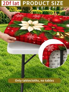 1pc Christmas Poinsettia Stretch Fitted Tablecloth, Red Plaid Gold Bell Ornament Snowflake Elastic Table Cover For Round & Square Tables, Xmas Holiday Dining Home Party Decor - K - View 4