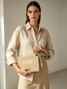 DIOR Straw Woven Makeup Bag, Premium Beige Woven Clutch, Luxury Embroidered Letter Zipper Storage Bag - Woven Makeup Bag - View 3