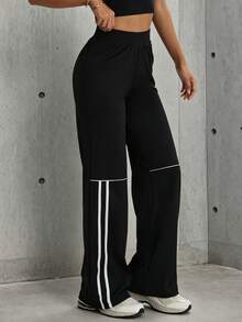 Hidkat Women's Fashion Solid Color High Waist Elastic Casual Yoga Sports Knit Long Pants - Black and White - View 5