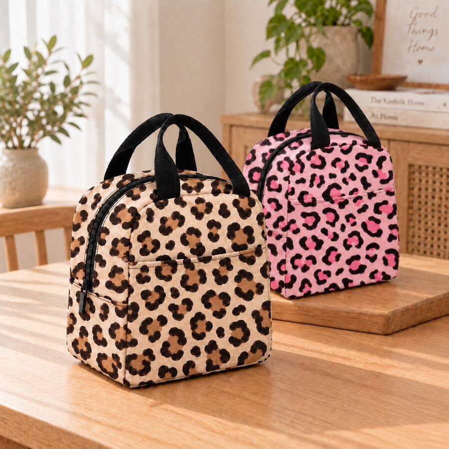Large-Capacity Handbag, Storage Bag, Cute Leopard Print Coffee Brown Print-Handbag, Suitable For School, Offices, Outdoor Picnics, Various Uses - Leopard Print - View 1