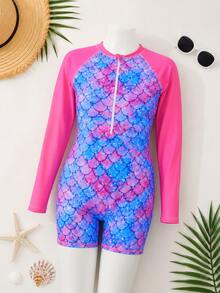 Traje de baño de una pieza rosa de moda para niñas y preadolescente con estampados en múltiples colores de escamas de tipo sirena especial para vacaciones verano playa piscinas - Multicolor - Ver 4