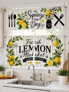 1 Set Lemon Floral Kitchen Window Valance, American Country White Wood Grain Polyester Rod Pocket Short Curtain, "Squeeze The Day" Text & Tableware Print Small Curtain, Suitable For Cafe, Restaurant, Cabinet And Ins Style Home Decor - Multicolor - View 9