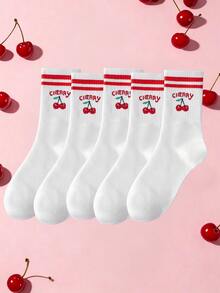 1 Pair Cherry Print Mid-Calf Socks With Colorful Striped Ribbed Details, Designed For Women, Made Of Soft & Durable Material, Essential For Autumn - Red - View 9
