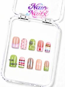 NAIO 10pcs/Set Y2K Handmade Press-On Nails, Nude & Multi-Color Macaron French Tips With Hand-Painted Stripes, Polka Dots, Silver Stars, Metallic Lines, Buttons & Beads, Cute Fresh Candy Summer Style, Suitable For Party & Daily Wear, 3 Sizes Coffin/Almond/Short Square - Multicolor - View 20