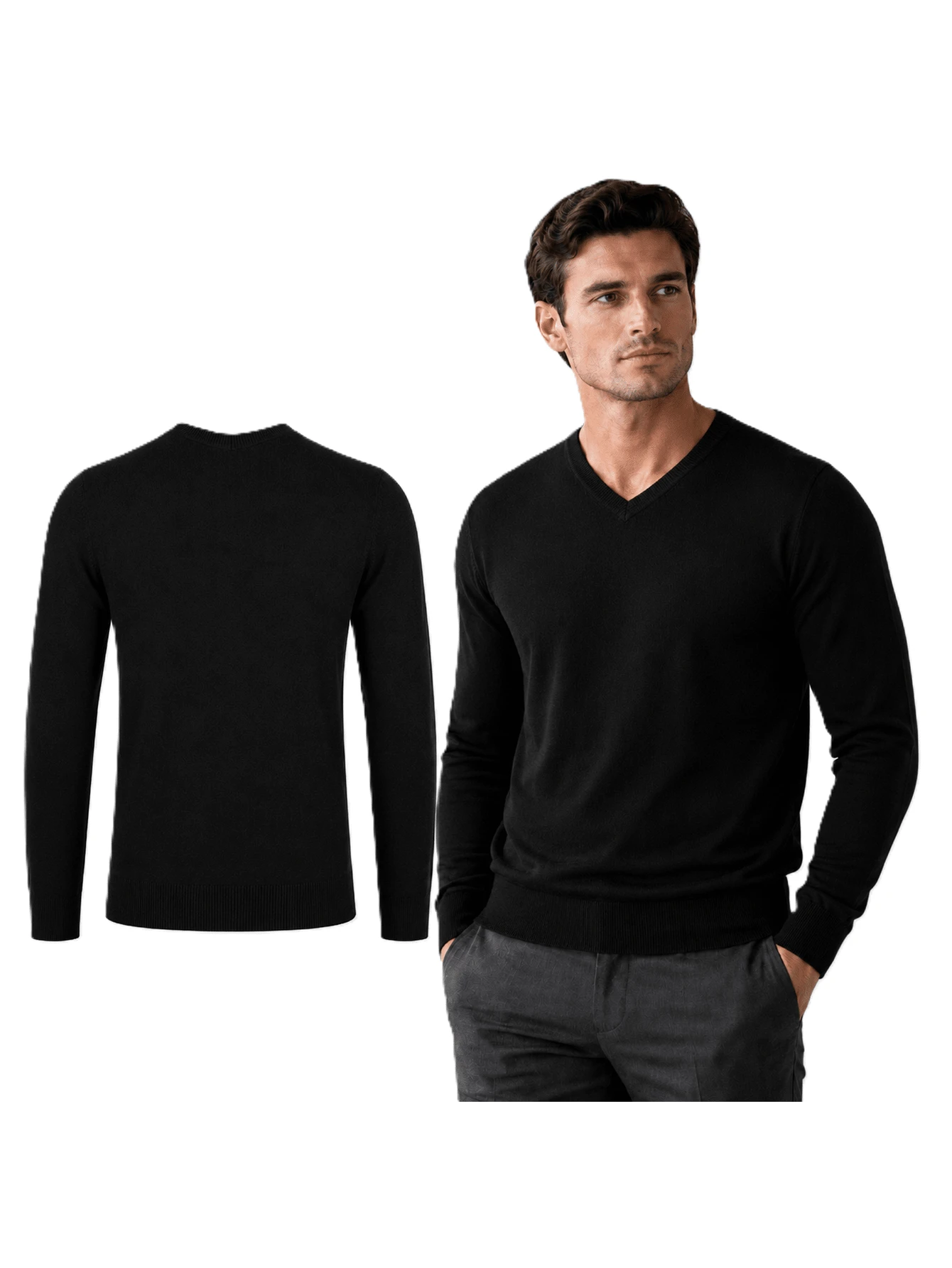 Men's Sweater 59B3602-3 In Black, V-Neck And Ribbed Trims, Smart Casual Knit For Work And Everyday Wear - Black - View 1