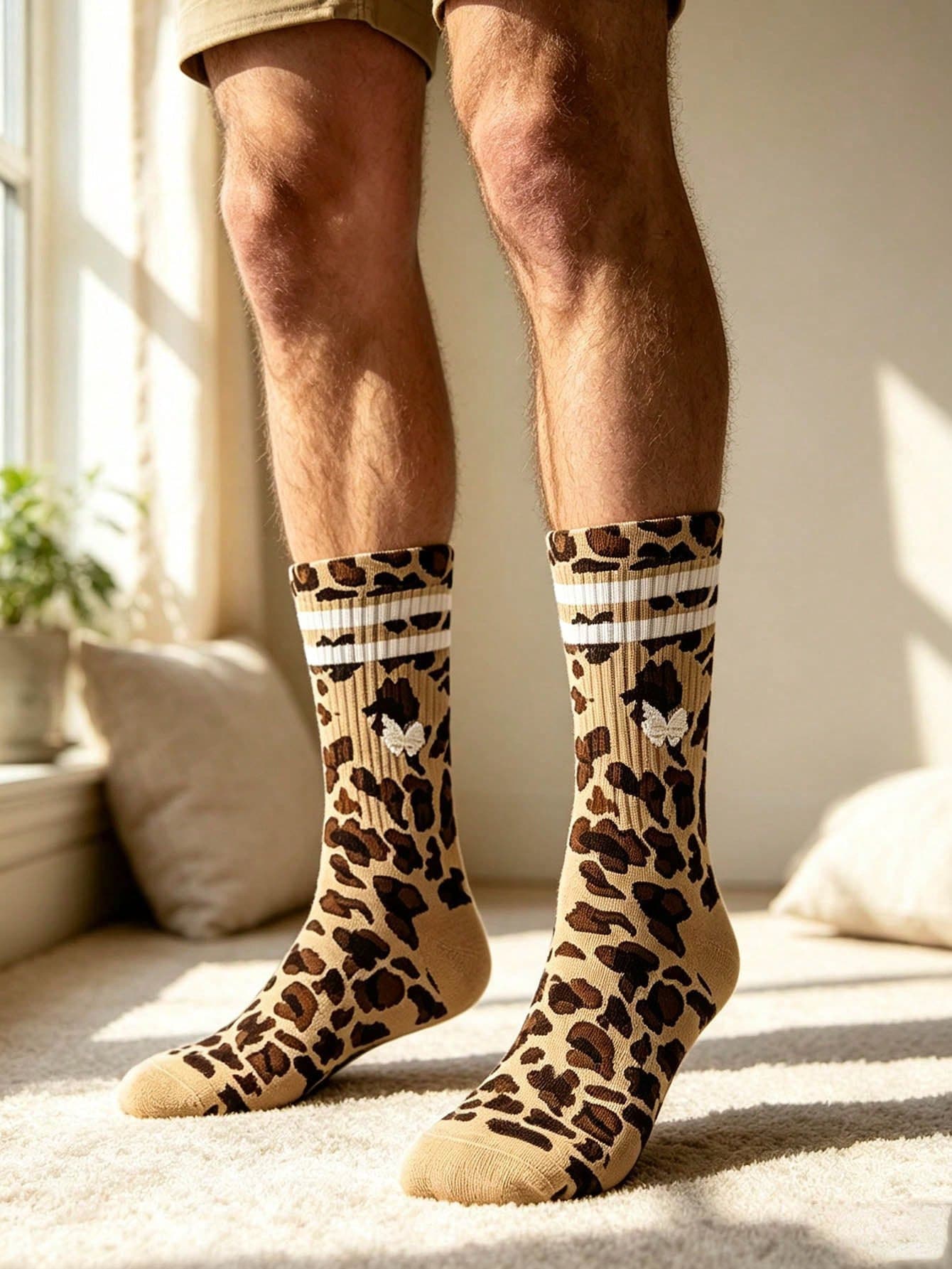 Random 4 Pairs Men's Leopard Print & Striped Patchwork Mid-Calf Socks, Retro Logo Design, Streetwear Style, Personalized Fashionable Multi-Color Socks - Multicolor - View 1