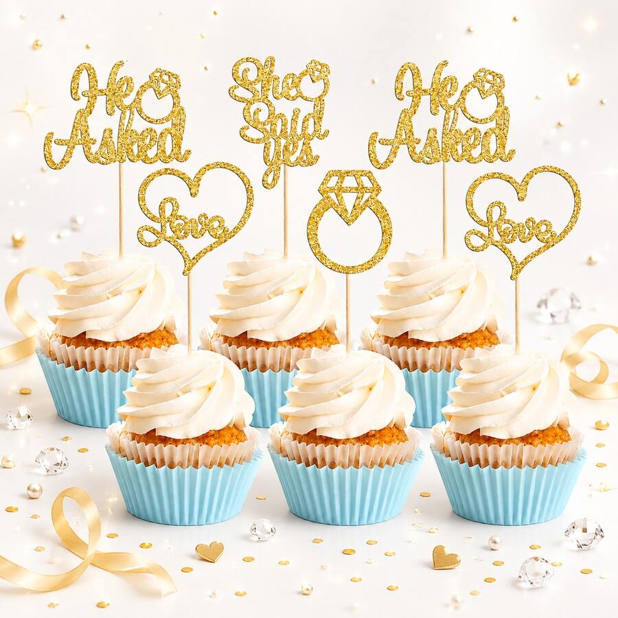 12/24pcs He Asked She Said Yes Cupcake Toppers Gold Glitter Diamond Ring Heart Love Cake Picks For Wedding Engagement Party Cake Decorations - Gold - View 1