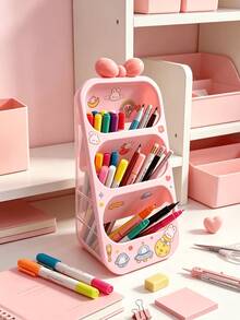 1pc Extra Large Capacity Pink Slanted Pen Holder (Free Stickers & Bows), Multi-Layer Desktop Stationery Organizer, Perfect For Dorm, Home Desk Storage, Holiday Gift - Pink - View 6