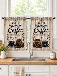 1組 Fresh Brewed Coffee 文字廚房窗簾，美式鄉村復古木紋聚酯纖維桿套短窗簾，咖啡杯、咖啡壺與咖啡豆印花小窗簾，適用於咖啡店、餐廳、櫥櫃及居家日常裝飾 - 彩色 - 查看 4