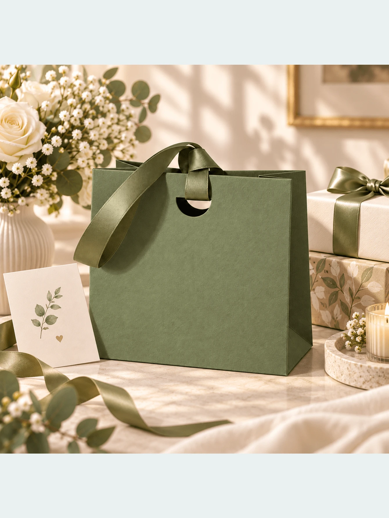 12pcs (6 Green Gift Bags + 6 Ribbons) With HandlesThank You Gift Bags, Paper Welcome Bags With Bow Ribbons For Weddings, Bridesmaids, Showers, Housewarming, Birthdays, Thanksgiving, And Christmas Gift Packaging Bags - J-Multicolor - View 1