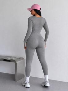 Rosiemei 1pc Plus Size Women Seamless Long Sleeve Corset, U-Neck With Finger Loop Cuffs,Tummy Control And Butt Lift - Grey - View 6