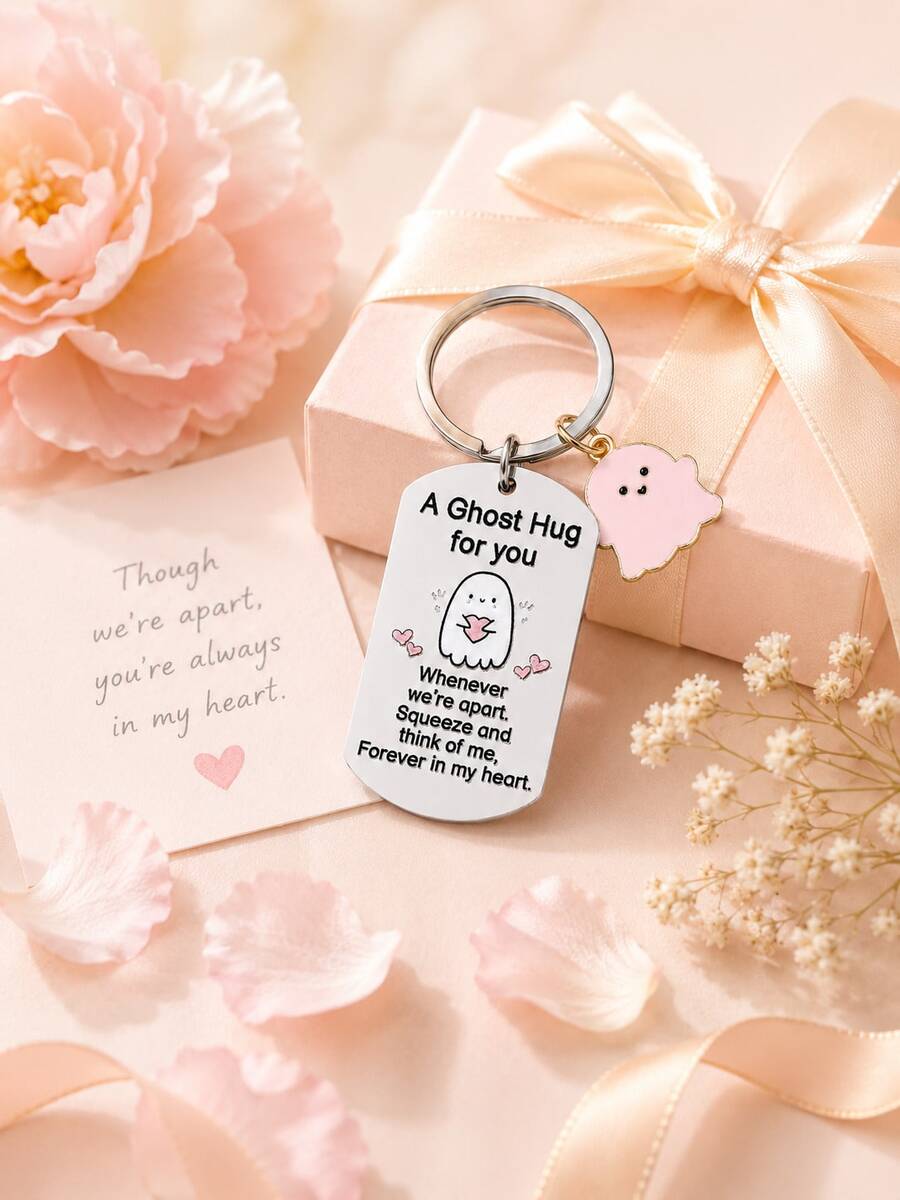 Cute Ghost Keychain, Pink Heart Message Metal Bag Charm For Purse & Backpack, A Ghost Hug Gift, Halloween Gift, Christmas Stocking Stuffer