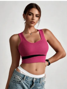 Runway Rest Women's Backless Ribbed Sports Bra, Magenta And Black Colorblock Mesh Quick-Dry High Support Yoga Crop Top, Suitable For Fitness Training - Multicolor - View 4