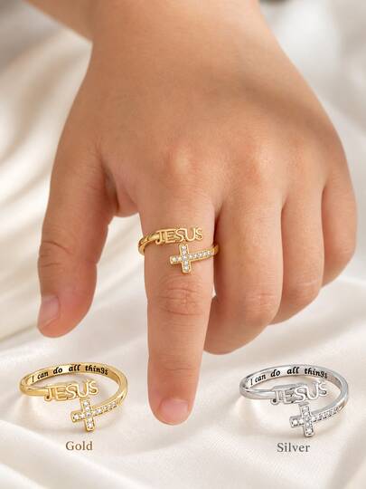 1pc/2PCS Gold Silver Tone Jesus Letter Rhinestone Cross Adjustable Open Ring For Boys Girls Elegant Faith Jewelry For Church Daily Wear Christmas Gift