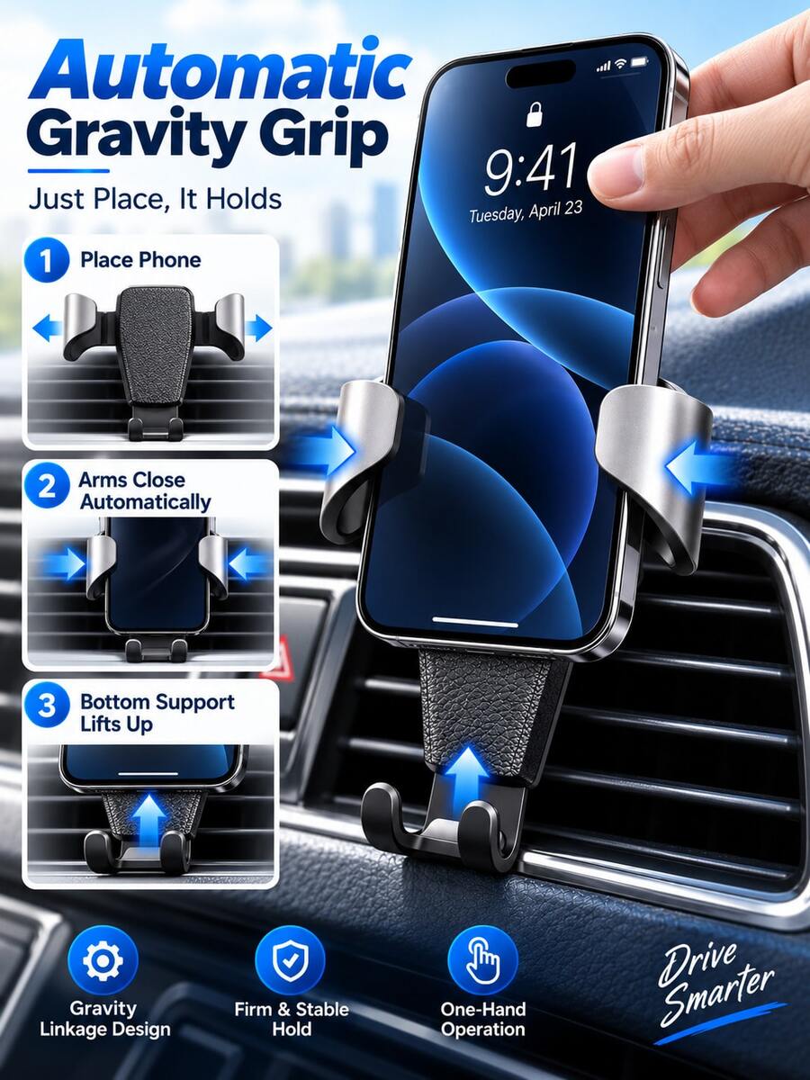 1pc Car Air Vent Phone Holder, Multi-Function Phone Navigation Mount, Gravity Sensing Car Phone Bracket, Leather Texture Style, Car Accessories