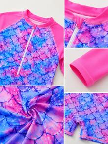 Traje de baño de una pieza rosa de moda para niñas y preadolescente con estampados en múltiples colores de escamas de tipo sirena especial para vacaciones verano playa piscinas - Multicolor - Ver 2