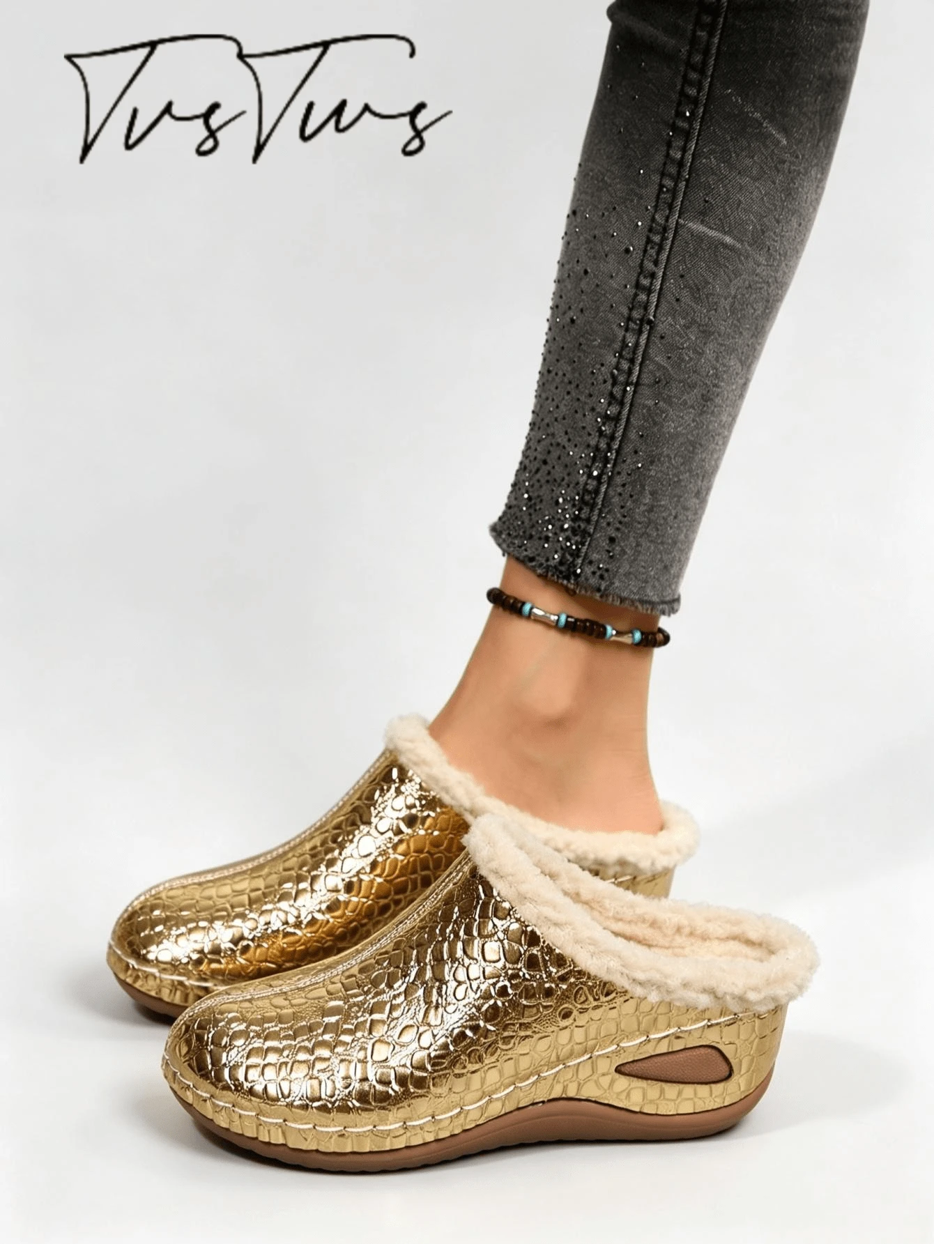 Autumn/Winter Fashion Plush Mule Slippers, Comfortable Soft Sole Indoor Home Fashion Slippers - Gold - View 1