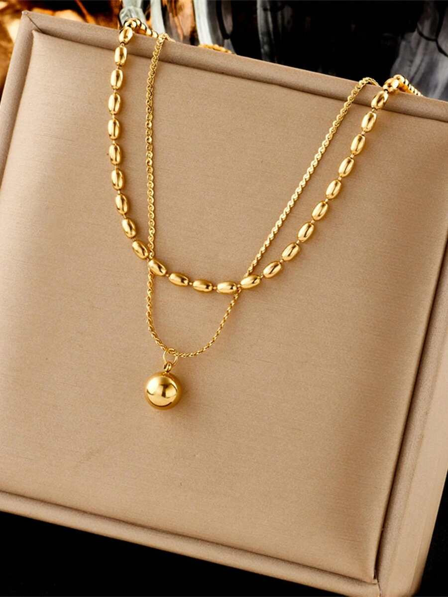1pc Stainless Steel Double Layer Beaded Pendant Retro Style Necklace, Suitable For Daily Wear - Gold - View 1