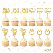 12/24pcs He Asked She Said Yes Cupcake Toppers Gold Glitter Diamond Ring Heart Love Cake Picks For Wedding Engagement Party Cake Decorations - Gold - View 7