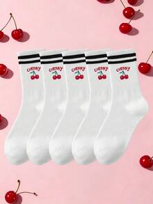 1 Pair Women Cute Cherry Pattern Round Neck Socks, Suitable For School Students Daily Life, Fall - Red - View 14