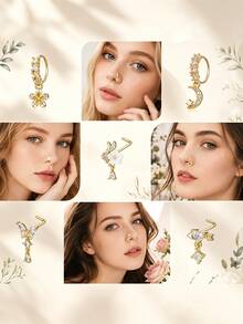 10pcs/Pack 20g Women's Pendant Nose Rings L-Shaped Nose Studs, Copper Zirconia Flower Star Butterfly Heart Designs, Nose Piercing Jewelry - Gold - View 5