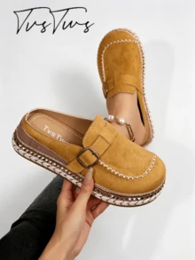 Women's Vintage Velvet Round Toe Half-Slip Mule Slippers With Buckle Stitching Decor Woven Thick Sole Slouchy Outdoor Slides - Yellow - View 2