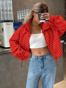 Women's Red Polka Dot Cropped Jacket Casual Elegant Street Fashion Korean Style - Red - View 3