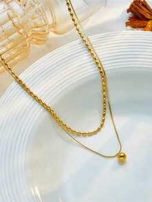 1pc Stainless Steel Double Layer Beaded Pendant Retro Style Necklace, Suitable For Daily Wear - Gold - View 2