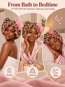 Leopard Print Hair Drying Towel With Pink Satin Bow, Ruffled Fashion Bath Hair Cap, Cute Bedtime Hair Cover, Suitable For Daily Bathing, Women's Relaxing Evening Self-Care Accessory - Multi-color - View 9