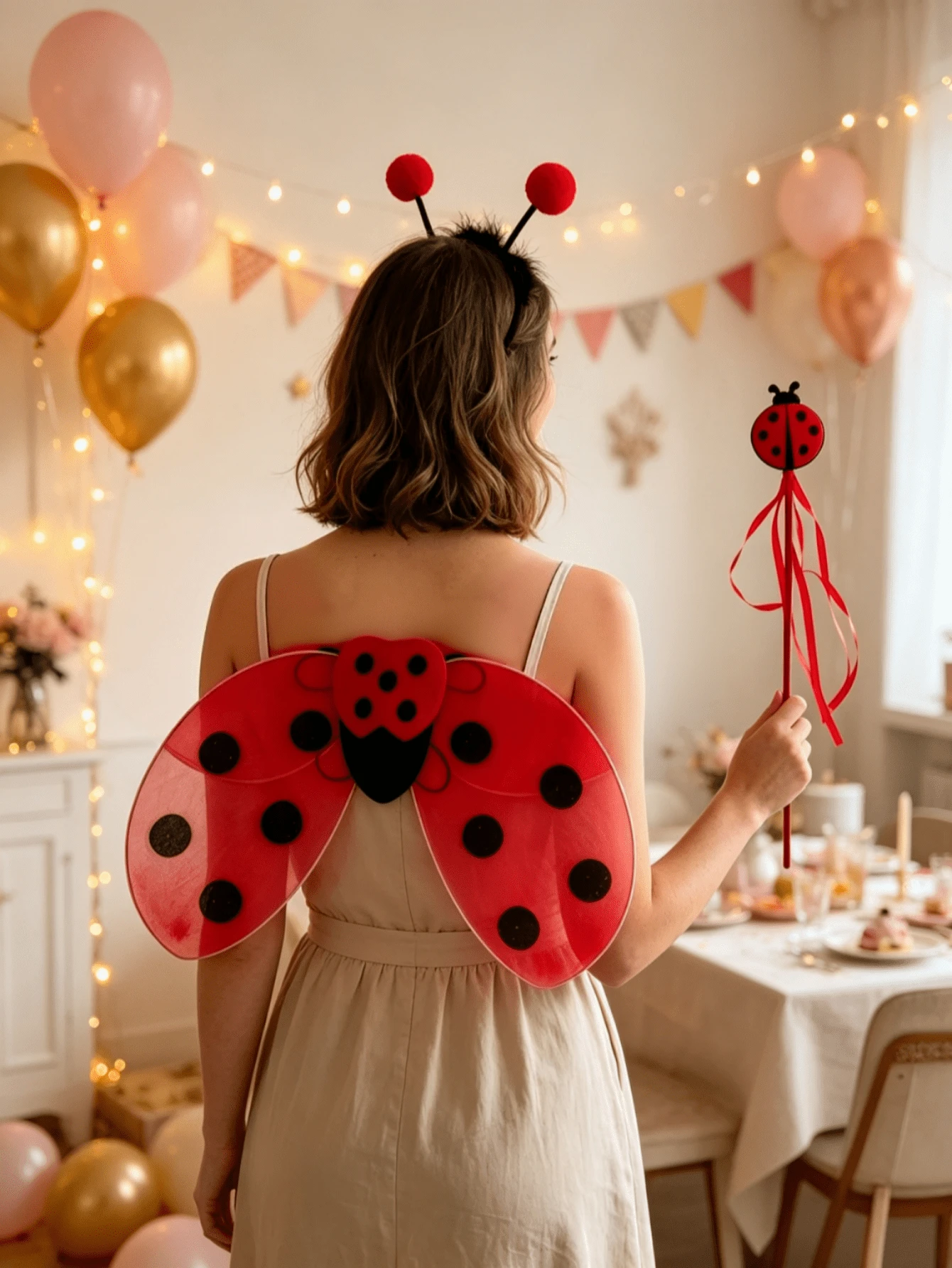 3pcs/1pc Halloween Adult Women Christmas Carnival Party Performance Red & Black Polka Dot Cute Ladybug Wings Costume Set/Single Piece - Red - View 1