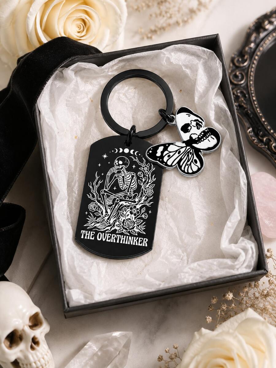 The Overthinker Skull Metal Keychain, Skull‑Butterfly Charm Bag Pendant, Gift For Birthday, Halloween, Thanksgiving, Christmas, Gothic Theme Holiday