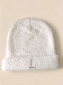 1pc Women Custom A‑Z Rhinestone Pearl Letter Fuzzy Cuffed Beanie Warm Winter Christmas Gift Knit Hat - White - View 26