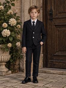 青少年男孩正式西裝套裝 秋冬款 1歲生日西裝 童裝正式服飾 3件套 條紋西裝外套 + 長褲 + 領帶 - 黑色 - 查看 2