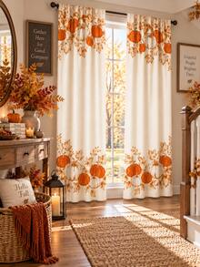 2 buah Tirai Musim Gugur Warna Krem, Motif Daun Maple Oranye & Putih, Dekorasi Musiman Ruang Makan Dapur Gaya Rumah Pertanian untuk Hari Thanksgiving - C - View 6