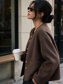 JIANHU Elegant Wool Blend Tweed Jacket, Suitable For Autumn/Winter | Minimalist Round Neck Button Coat | French Vintage Short Jacket, Perfect For Christmas Holiday Office Looks - Coffee Brown - View 2