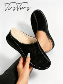 Clog Thermal Slippers With Thick Plush Lining, Slip-On Warm Indoor House Shoes, Soft Sole Fashion Slippers For Autumn/Winter - Black - View 2