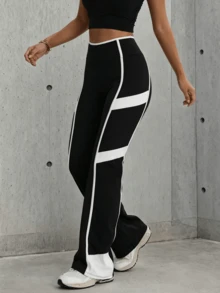 Hidkat Women's Fashion Solid Color Patchwork High Waist Slim Fit Athletic Knit Flare Pants - Black and White - View 3